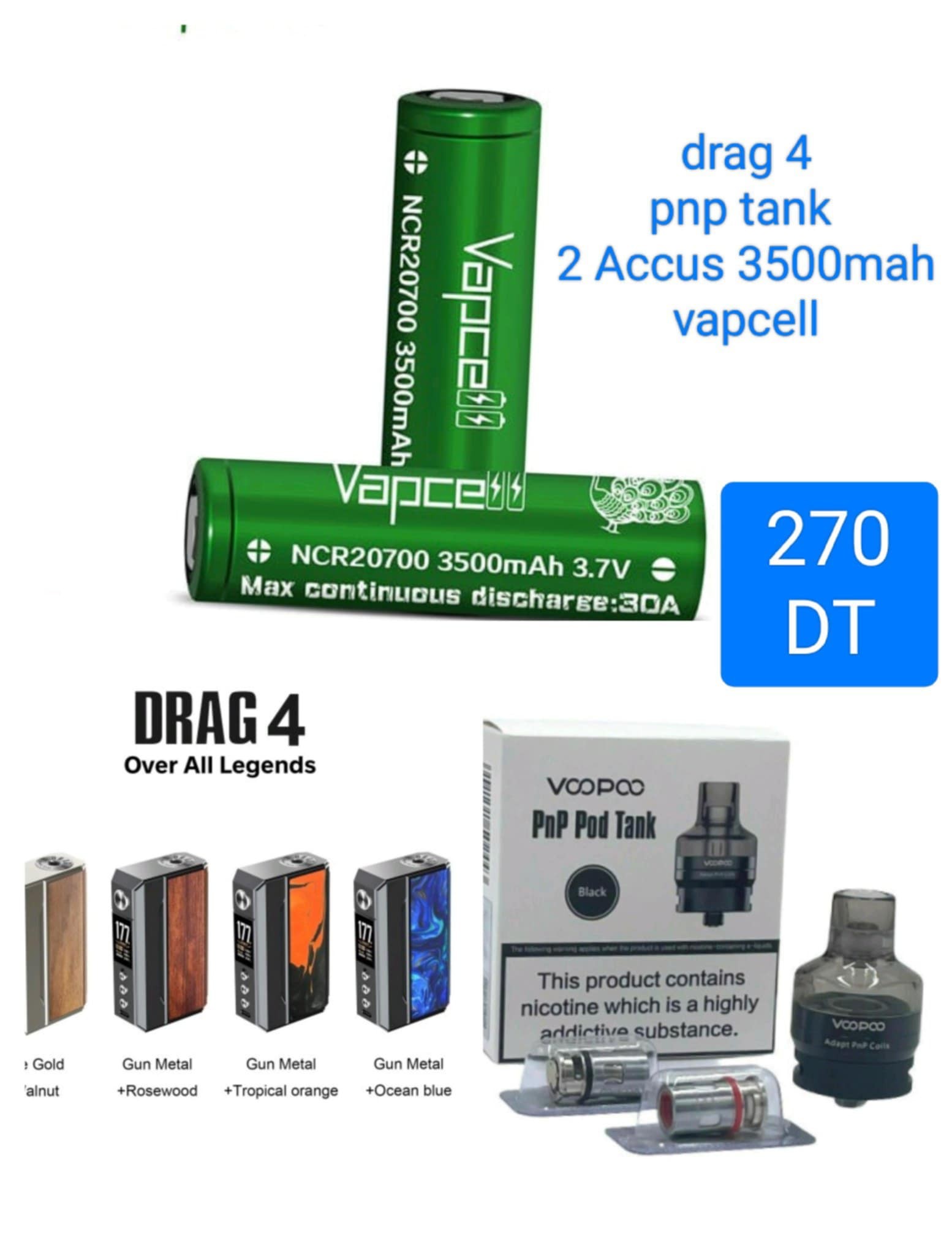 Pack Drag 4 double accus Vapcell 3500mah Voopoo PnP